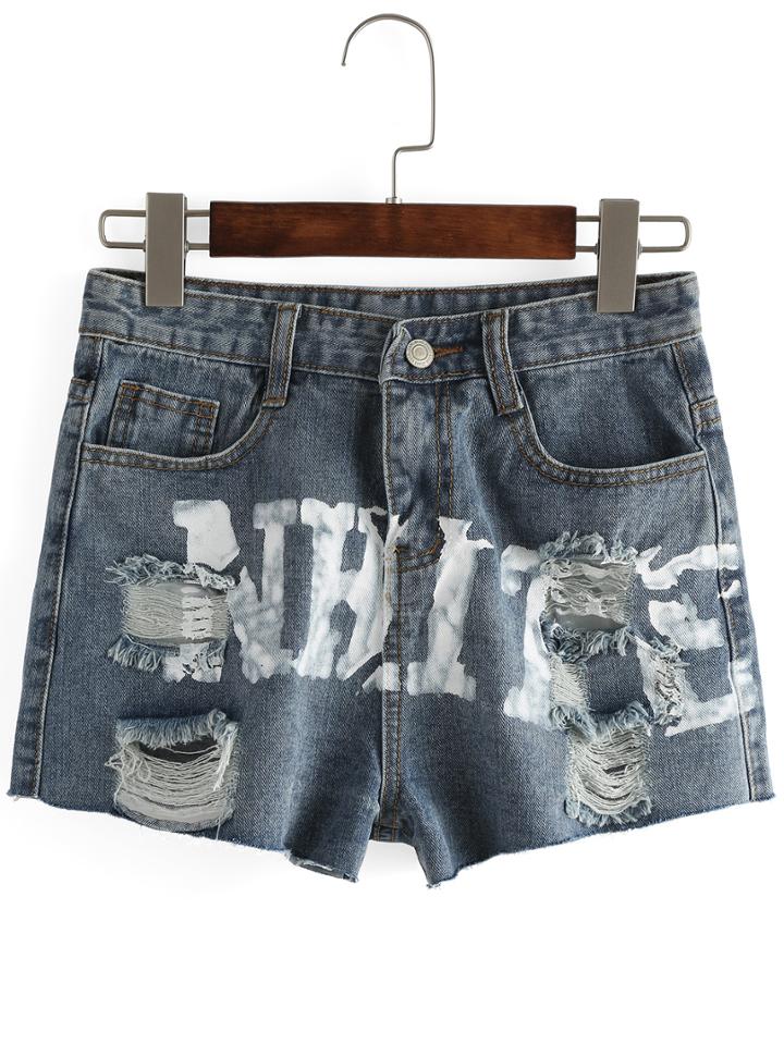 Shein Frayed And Print Denim Short Pants