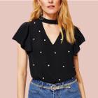 Shein Flutter Sleeve Pearl Beaded Blouse