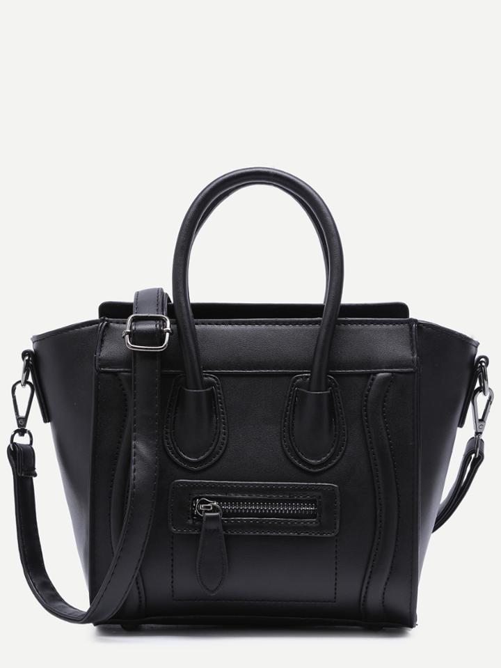 Shein Black Zip Trim Faux Leather Handbag With Strap