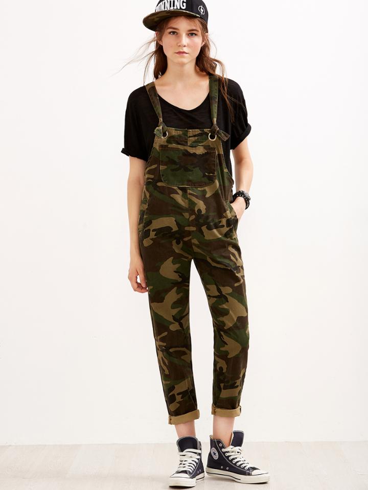 Shein Camo Print Metal Eyelet Pockets Denim Overall Pants