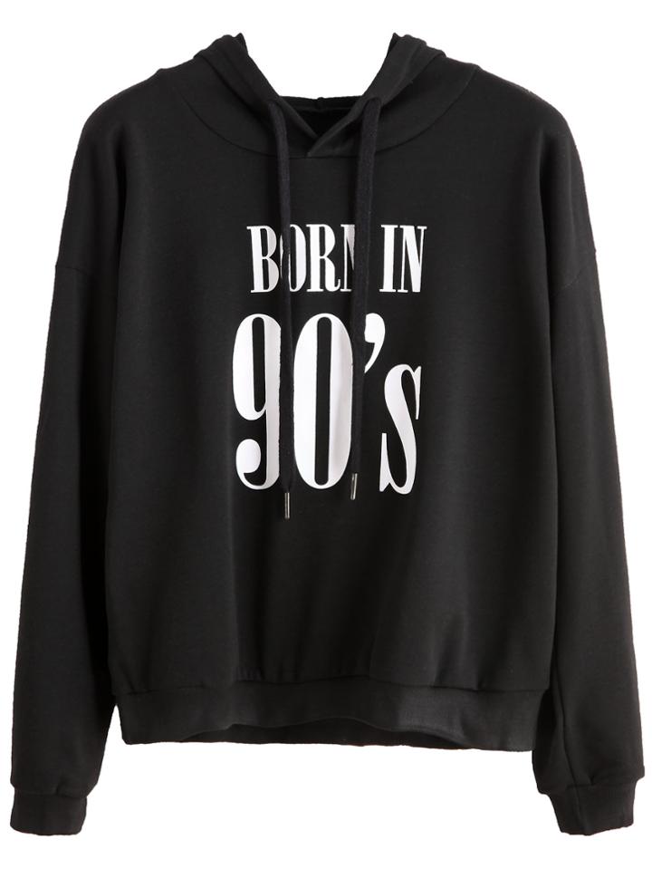 Shein Black Letters Print Hooded Sweatshirt