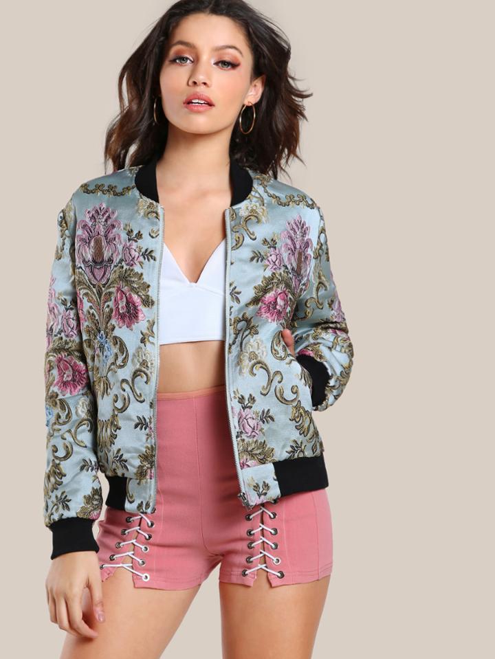 Shein Ribbed Trim Floral Jacquard Bomber Jacket