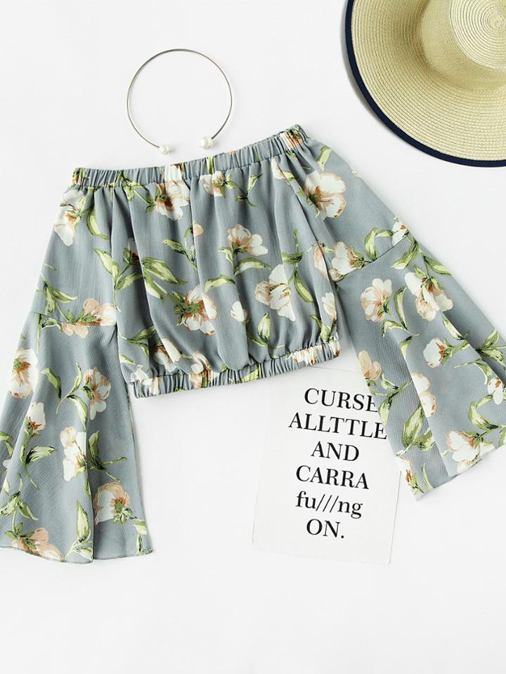 Shein Bardot Floral Print Random Trumpet Sleeve Crop Top