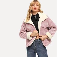 Shein Faux Fur Trim Drop Shoulder Corduroy Jacket