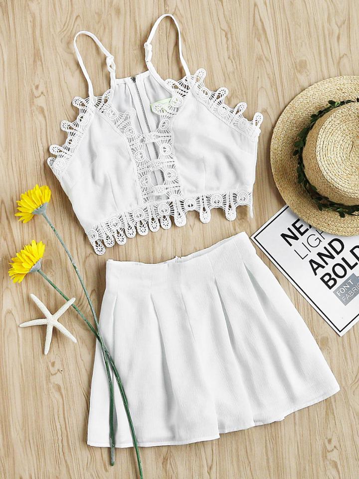 Shein Lace Trim Cami Top And Box Pleated Shorts Set