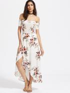 Shein White Florals Off The Shoulder Shirred Wrap Dress