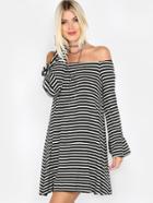 Shein Striped Bardot Bell Sleeves Dress Black