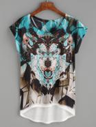 Shein White Tie-dye Wolf Print Dip Hem T-shirt
