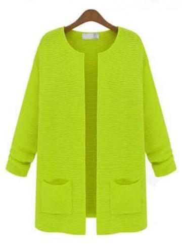 Shein Neon Green Round Neck Double Pockets Open Knit Cardigan