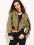 Shein Khaki Contrast Ribbed Trim Bomber Jacket With Zip Detail