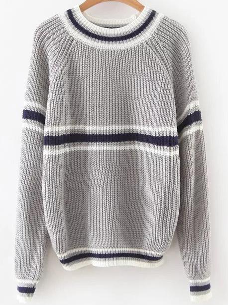 Shein Grey Striped Raglan Sleeve Sweater