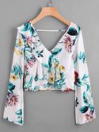 Shein Plunging V Neckline Floral Print Frill Crop Top