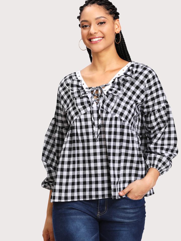 Shein Gingham Lace Up Flounce Babydoll Blouse