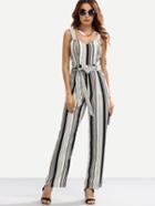 Shein Black And White Striped Tie Waist Backless Jumpsuit