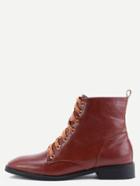 Shein Brown Faux Leather Square Toe Lace Up Short Boots