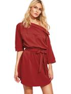 Shein Red Self-tie Waist Buttoned Shoulder Dress