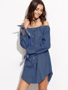 Shein Blue Off The Shoulder Tie Sleeve Button Denim Dress