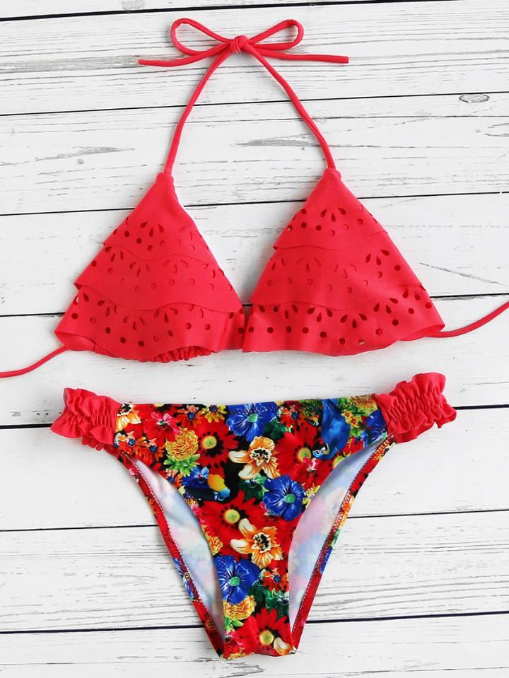 Shein Calico Print Laser Cut Flounce Bikini Set