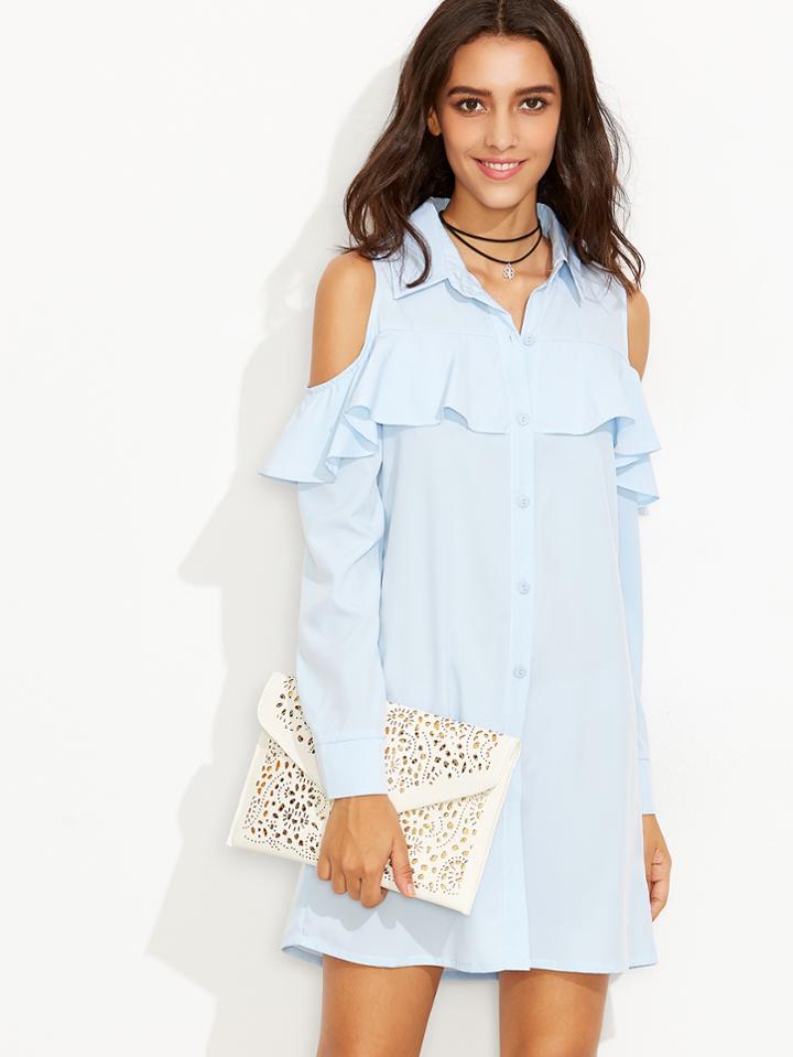 Shein Blue Open Shoulder Button Front Ruffle Shirt Dress