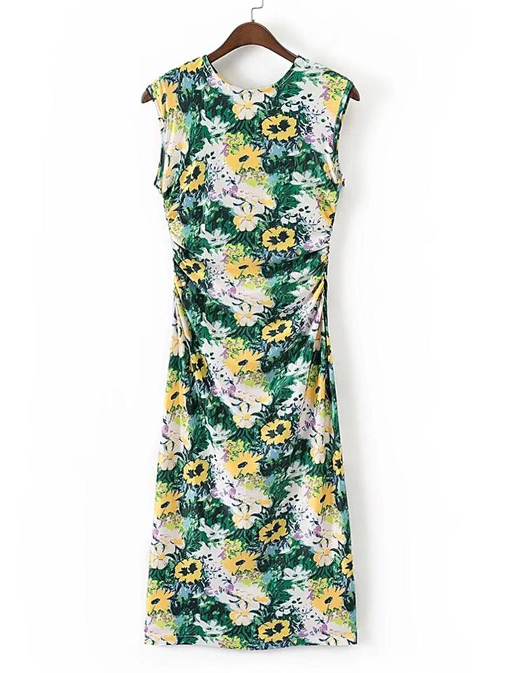 Shein Flower Print Ruched Detail Sleeveless Dress