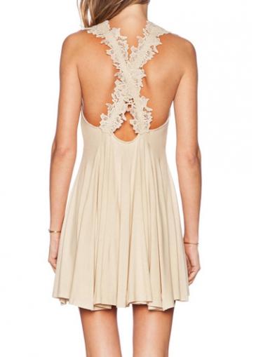 Rosewe Round Neck Beige Pleated Mini Dress