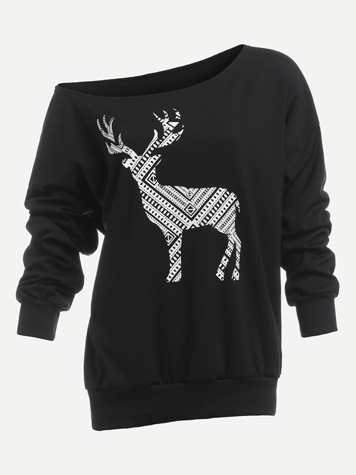 Shein One Shoulder Elk Print Sweatshirt