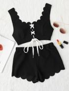 Shein Lace Up Front Scalloped Trim Crop Top & Shorts Pj Set