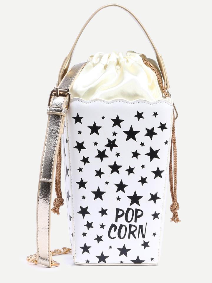 Shein White Star Print Drawstring Popcorn Bag