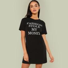 Shein Rolled Sleeve Letter Print Dress