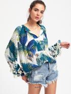 Shein Jungle Print V-neckline Tassel Trim Detail Blouse