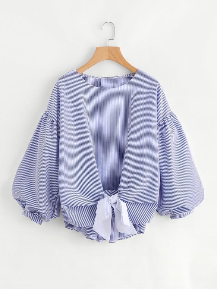 Shein Tie Back Lantern Sleeve Pinstripe Top