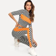 Shein Mock Neck Contrast Tape Plaid Crop Top And Leggings Set