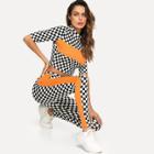 Shein Mock Neck Contrast Tape Plaid Crop Top And Leggings Set