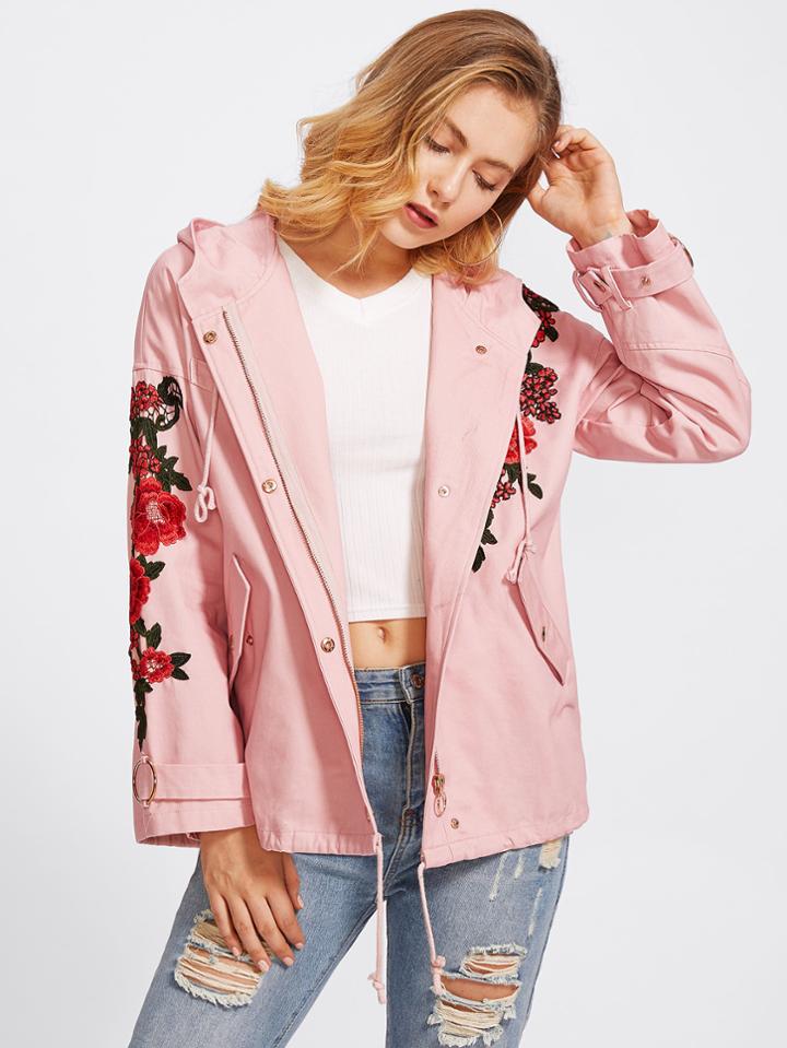 Shein Rose Patch O-ring Belted Cuff Hoodie Jacket