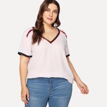 Shein Plus Contrast Striped Trim V-neck Top