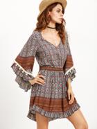 Shein Brown Ornate Print Bell Sleeve Ruffle Dress