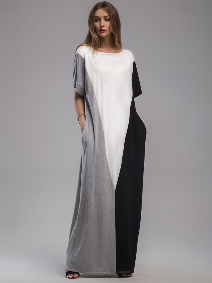 Shein Color Block Full Length Dress With Pockets