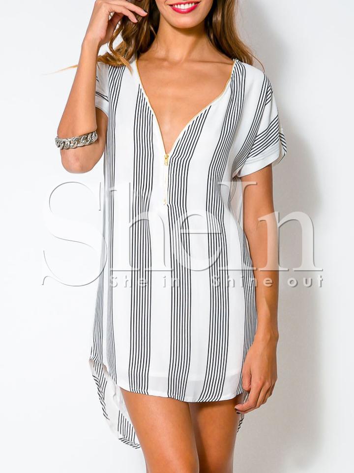 Shein White Short Sleeve V Neck Striped High Low Dress