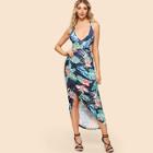 Shein Cross Back Botanical Print Ruched Detail Dress