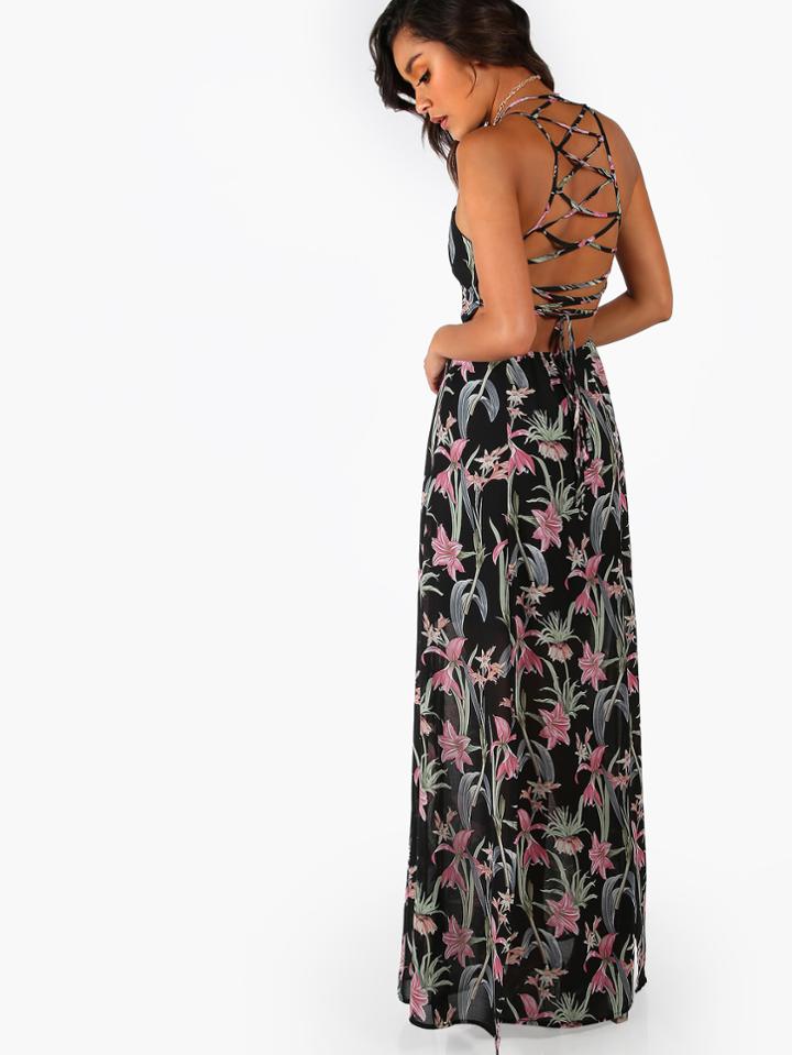 Shein Crisscross Lace Up Back Slit Maxi Dress