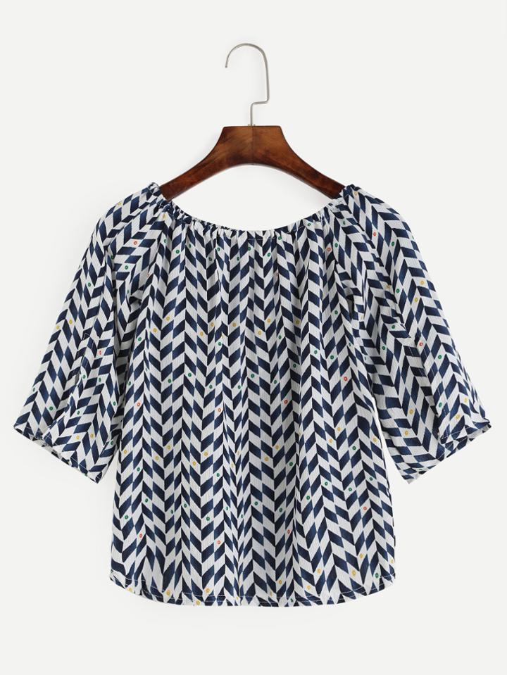 Shein Boat Neck Striped Split Blouse