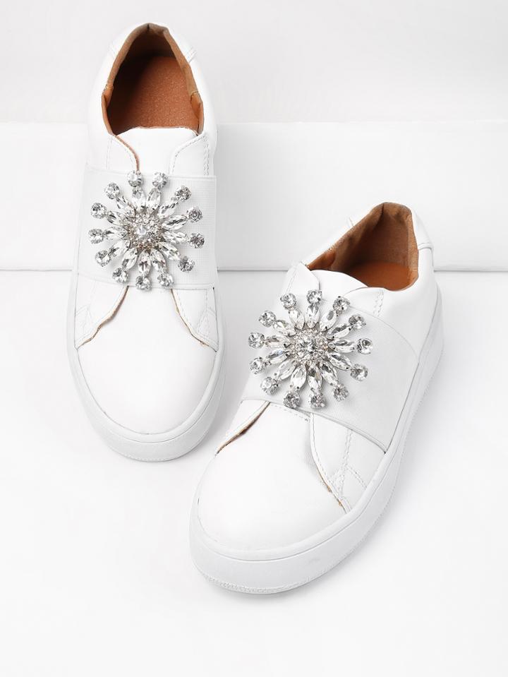 Shein Rhinestone Flower Front Pu Sneakers