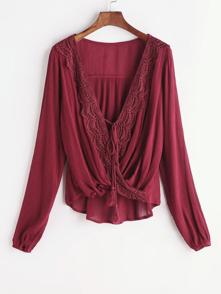 Shein Burgundy Contrast Crochet Twisted Drape Front Tassel Tie Blouse