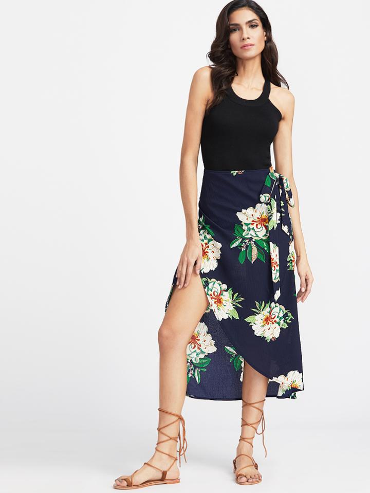 Shein Navy Floral Print Tie Detail Wrap Skirt