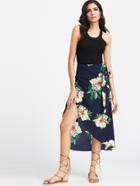 Shein Navy Floral Print Tie Detail Wrap Skirt