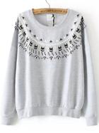 Shein Grey Round Neck Bead Cats Print Sweatshirt