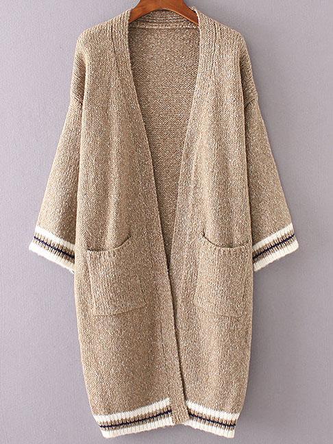 Shein Khaki Striped Trim Front Pocket Long Cardigan