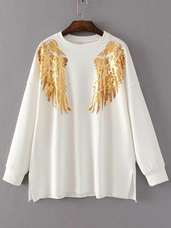 Shein White Sequin Wing Side Slit Drop Shoulder Sweatshirt
