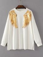 Shein White Sequin Wing Side Slit Drop Shoulder Sweatshirt