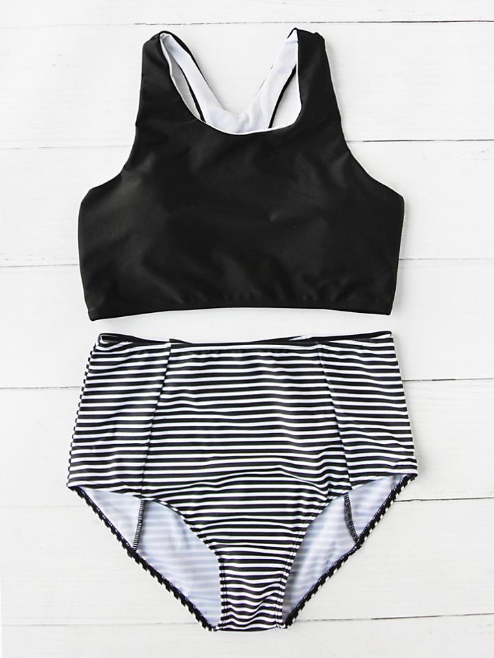 Shein Pinstripe High Waist Tankini Set
